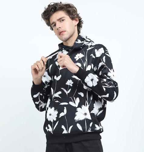 Men Black & White Floral Printed Hooded Sweatshirt
